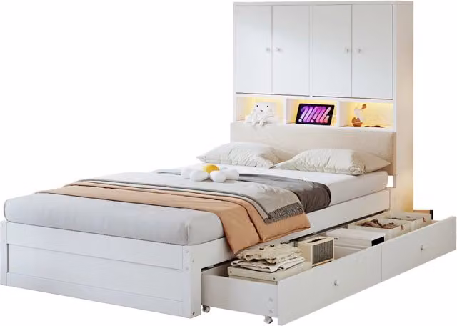 Letto singolo 90x200 cm con 2 cassetti; LED e presa integrata in pino; MDF e tessuto; bianco