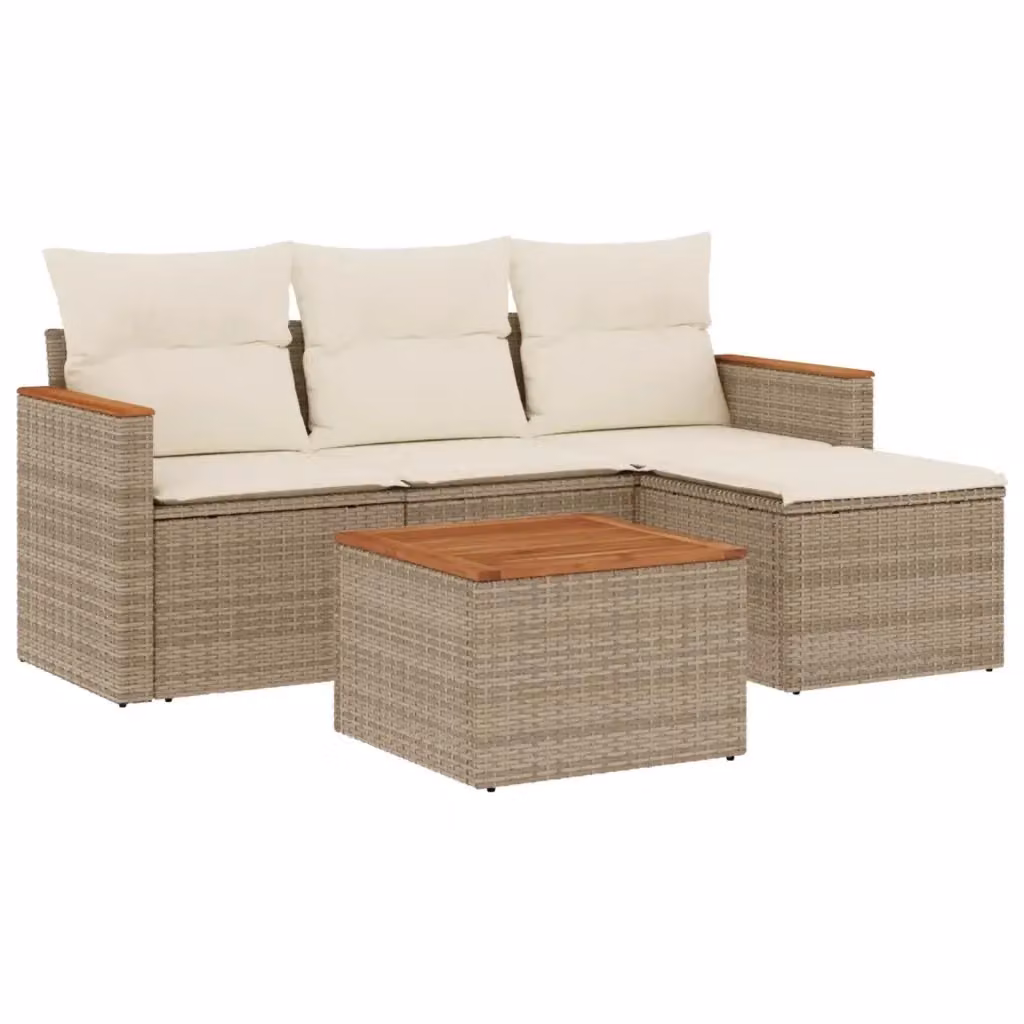 vidaXL Set Divano da Giardino a L 5 pz con Cuscini Beige e Tavolino, Struttura in Acciaio e Polyrattan – 2