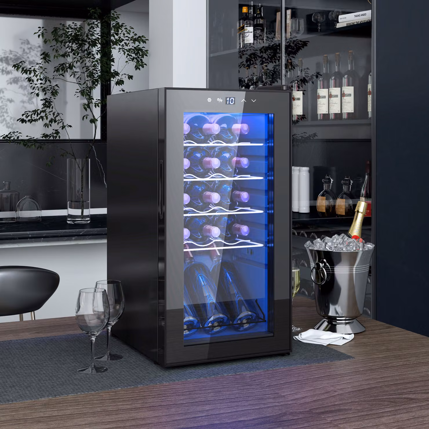 Cantinetta Vino Frigo HOMCOM con Compressore, Capacità 44L per 15 Bottiglie, Ripiani Regolabili in Vetro, Nero – 2