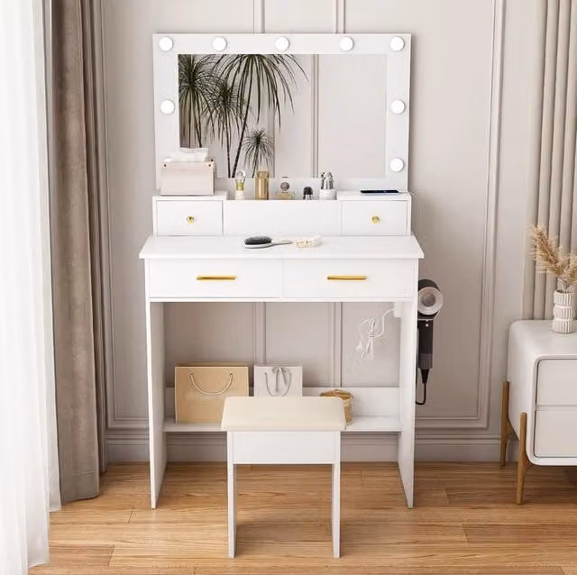 Toeletta bianca in MDF con LED, presa, 4 cassetti e sgabello