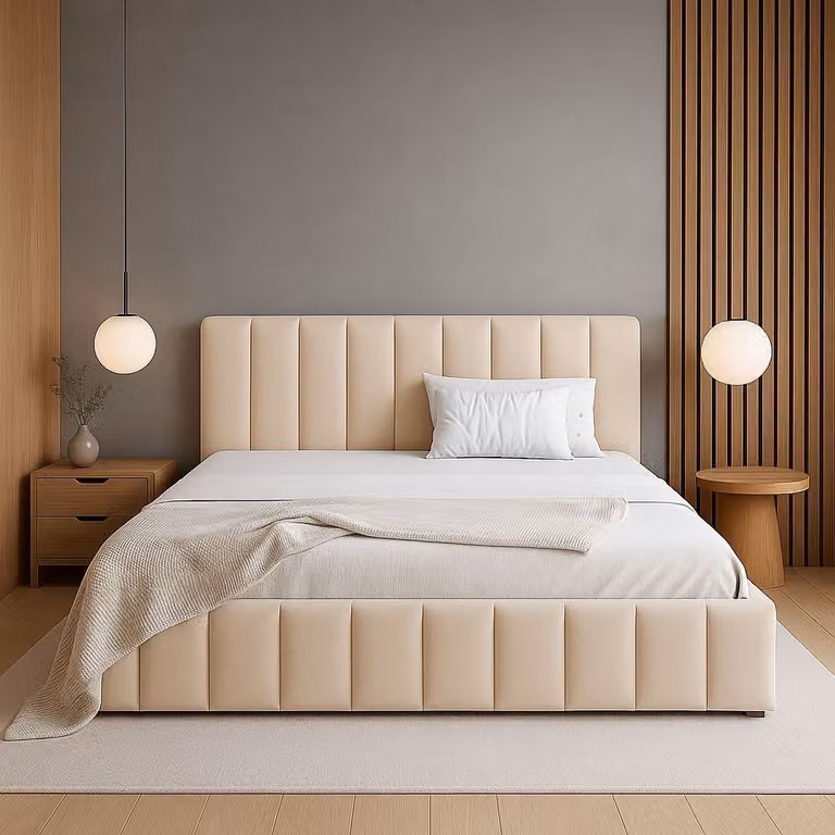 Letto imbottito GUTTO, 180 x 200 cm, in velluto, con contenitore, rete a doghe in metallo, letto in velluto, colore beige