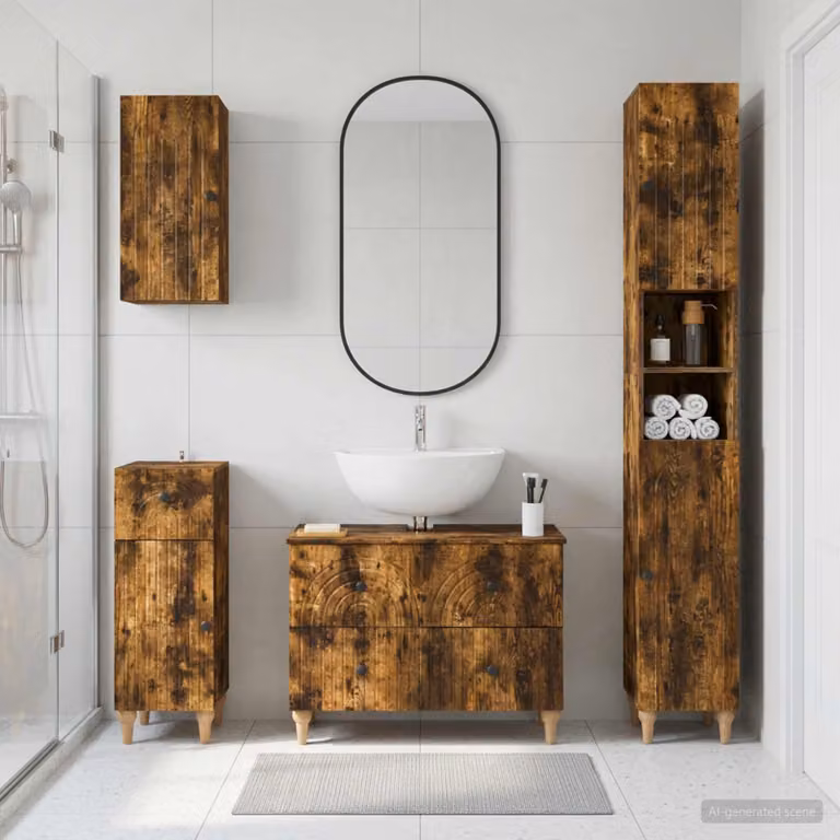 Set di mobili da bagno moderno vidaXL ALKMAAR composto da 4 pezzi in legno color rovere fumo con base lavabo e pensile a muro
