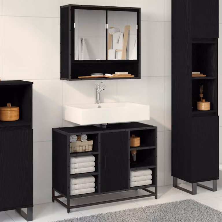 Mobile da bagno vidaXL moderno in rovere nero con ante a battente e ripiani interni L 80 x P 33 x H 60 cm