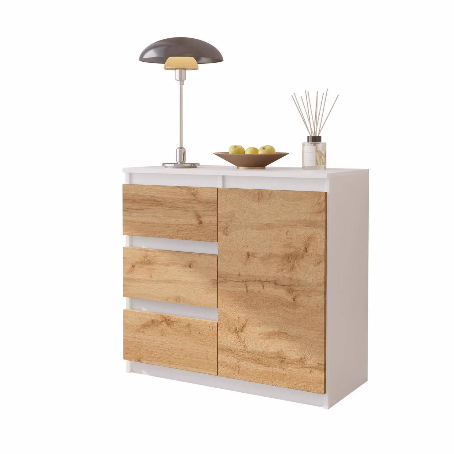 MIKEL - Cassettiera / credenza con 3 cassetti e 1 anta - Bianco opaco / Rovere Wotan H75cm L80cm P35cm