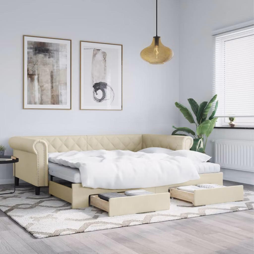 vidaXL Divano Letto Estraibile con Cassetti in Similpelle Beige L/P/H: 90 x 200 cm