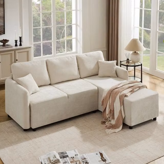 Divano angolare a L 3 posti in ciniglia beige chiaro con 2 cuscini