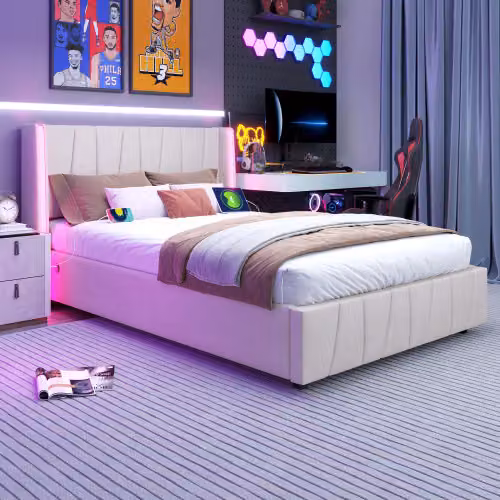 Giroletto AIORBER, 140x200cm, testata con striscia LED a 16 colori, 2 connessioni USB e 1 Type-C, letto a molle idrauliche con contenitore, velluto