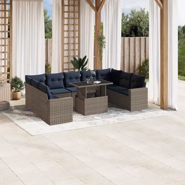 Set Divani da Giardino 10 pz con Cuscini Grigio in Polyrattan 3267481