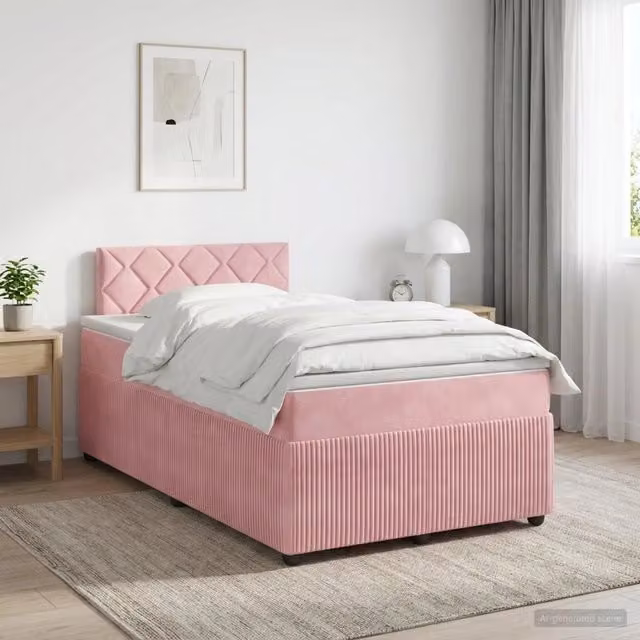 Letto box spring con materasso vidaXL in velluto rosa e bianco con base a sollevamento L/P/H: 120 x 200 cm