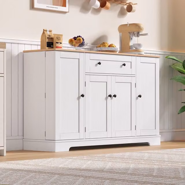 Credenza cucina 138 cm con cassetto e 4 ante; ripiani regolabili; MDF; bianco e naturale