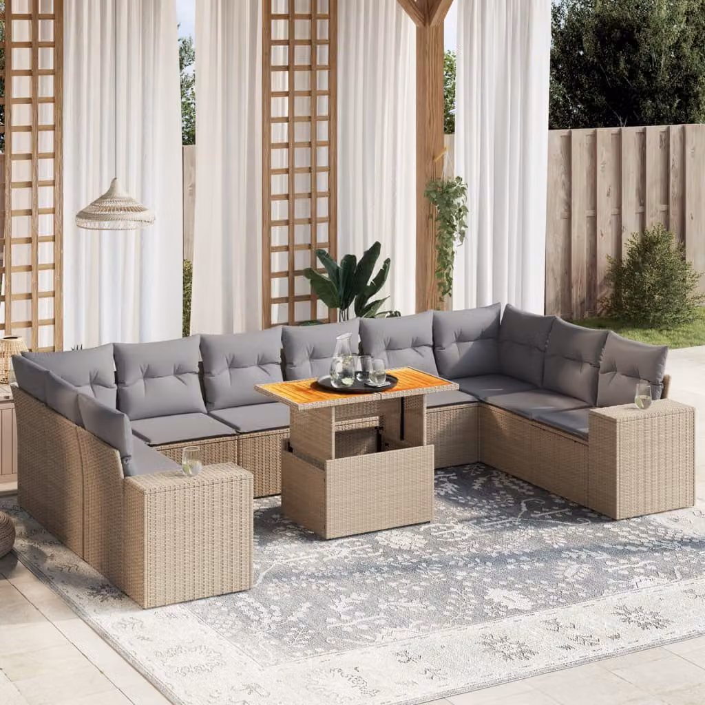 vidaXL Set Divani da Giardino a L 11 pz con Cuscini Beige e Grigio in Polyrattan e Legno di Acacia – 1