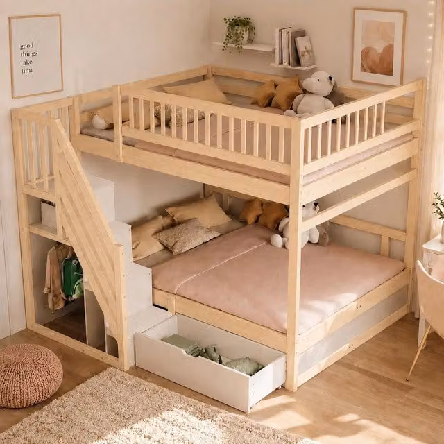 Letto a soppalco in legno massello ¨C Minimal ¨C 140x200cm con cassetti rete a doghe colore legno naturale