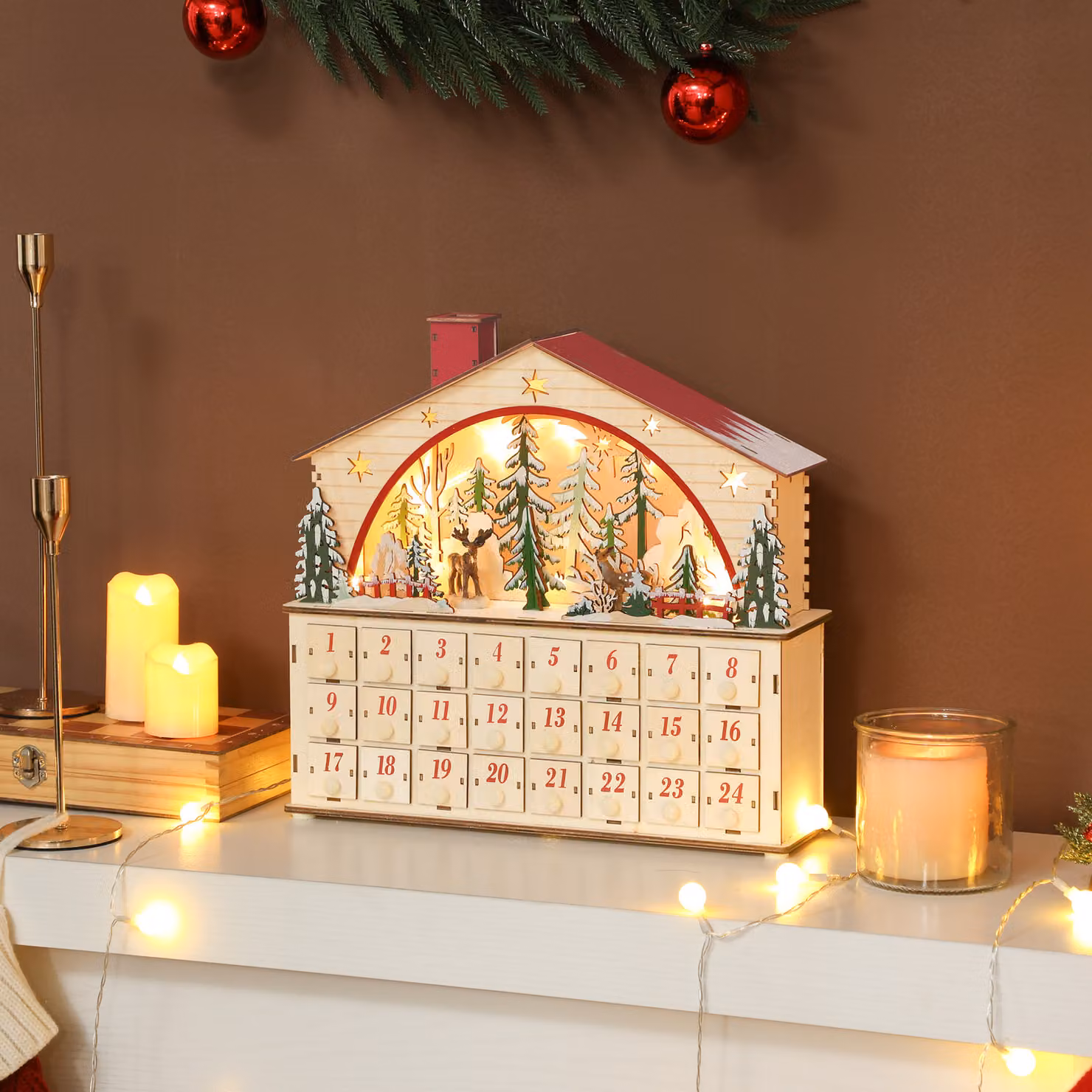 Calendario dell'Avvento HOMCOM in legno naturale con 24 caselle e luci a LED, L/P/H: 36 x 10 x 34 cm – 2
