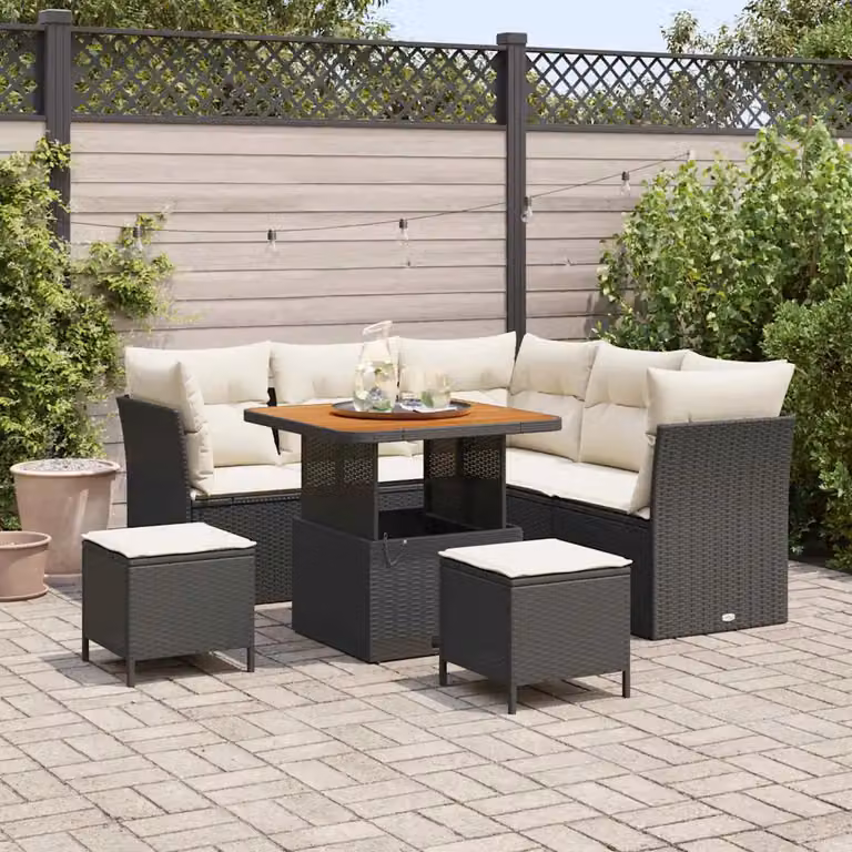 vidaXL Set Divano da Giardino a L con 8 Pezzi, Nero e Beige con Cuscini e Tavolino da Esterno