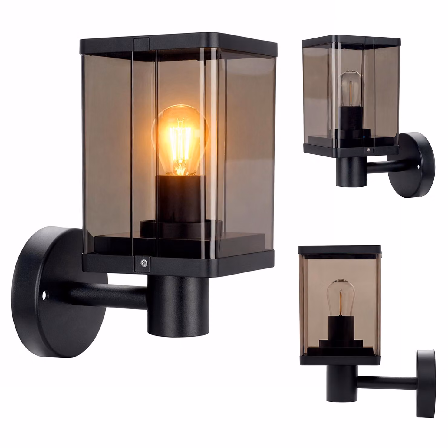 XUDO Lampada da parete per esterni E27 IP44 Nero Vetro fumé, Lampada da parete per esterni, Illuminazione da giardino Lampada da facciata