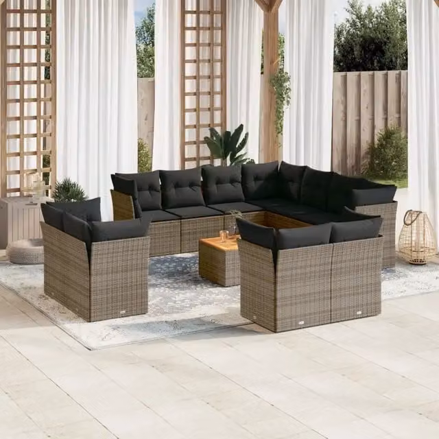 Set di Divani da Giardino a Forma di U vidaXL in Polyrattan Grigio con Cuscini e Tavolino da Esterno – 1