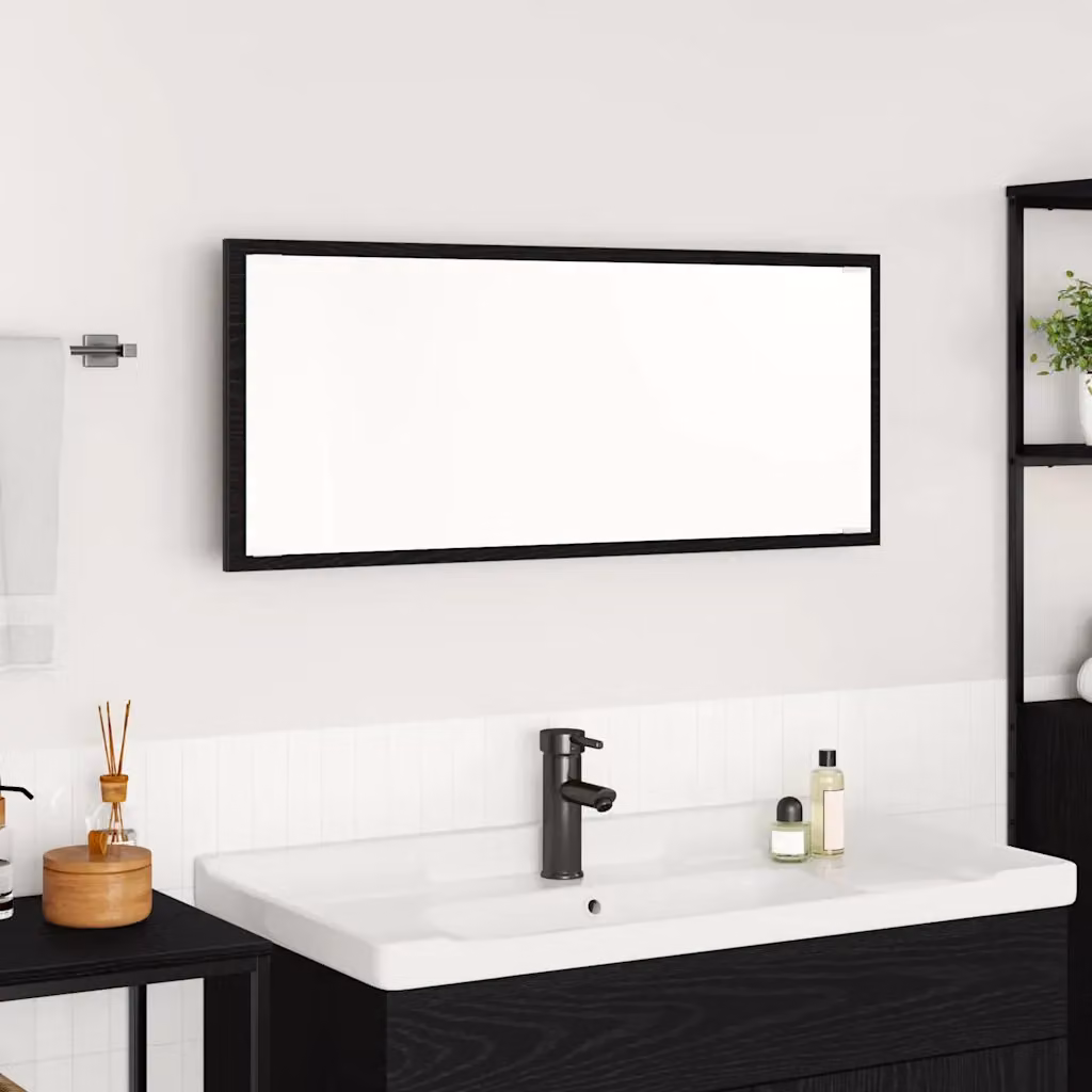 Specchio da parete vidaXL in legno nero con luce LED, design minimalista, L: 90 cm, P: 8,5 cm, H: 37 cm