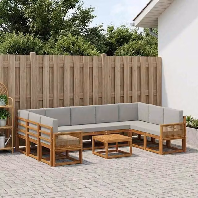 Set di divani da esterno vidaXL in legno di acacia con cuscini, colore Naturale e Grigio Chiaro, 10 pezzi