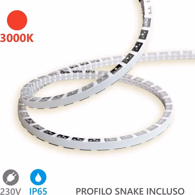 Alcapower Striscia LED Snake Flex in Silicone Flessibile, Luce Calda 3000K, 12W/m, 120 LED/m, IP65, 230V, Colore Bianco