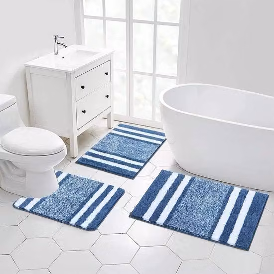 Set di 3 Tappeti da Bagno Pauwer in Microfibra Shaggy Blu con Design a Righe, Super Assorbenti e Lavabili in Lavatrice