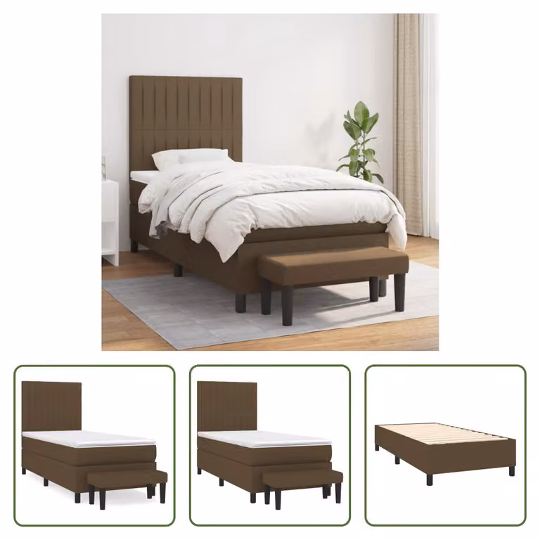 The Living Store Letto a molle con materasso marrone scuro 90x190 cm in tessuto