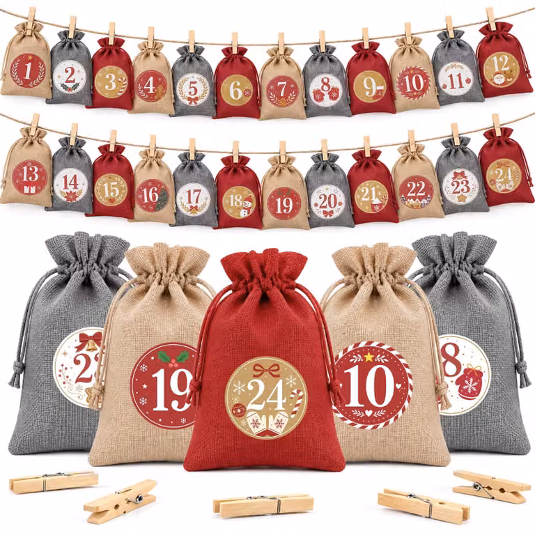 Calendario dell'Avvento con 24 sacchetti in juta, dimensioni 15x20 cm, colore rosso/grigio/naturale