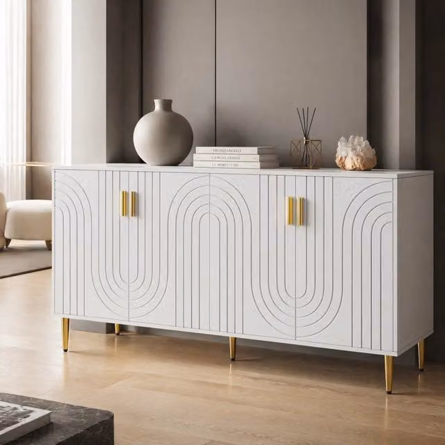 Credenza moderna REDOM in MDF bianca con dettagli dorati e finitura opaca L: 152 cm, P: 40 cm, H: 75 cm