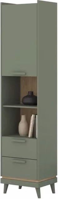 Biblioteca NOKI – Verde e legno – 1 porta + 2 cassetti stile scandinavo