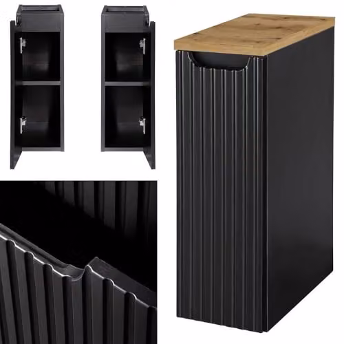 [en.casa] Mobiletto Pensile da Bagno NEWPORT ad Anta Reverisibile e Ripiano Armadietto da Parete con Anta Decorativa 20x60x40 cm - Nero/Effetto Rovere