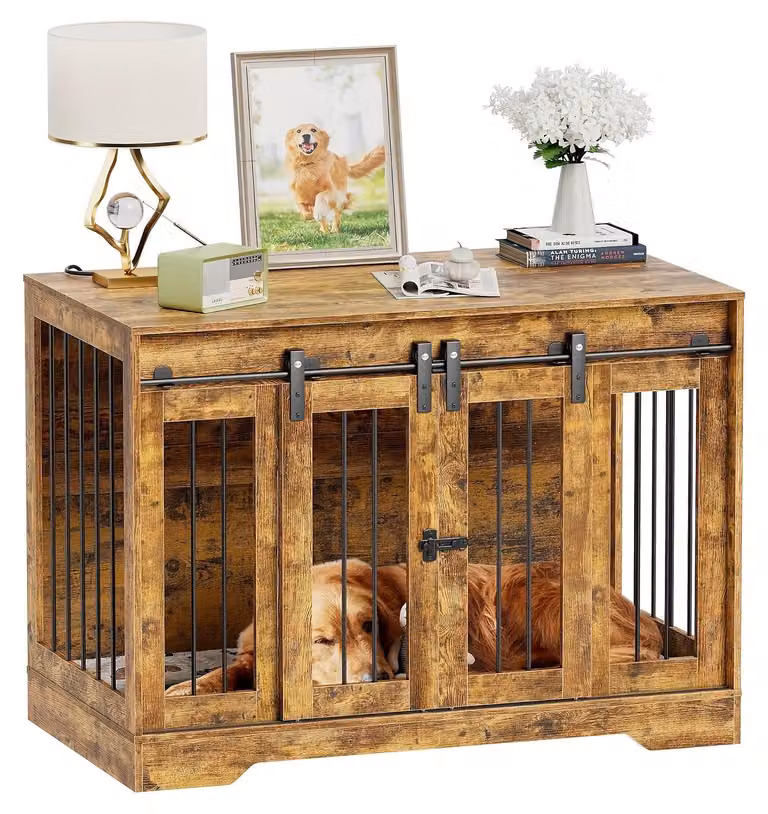 Gabbia per cani in legno - Cuccia per cani - Gabbia per animali domestici - Ciotola per cani - Recinto per animali - Modello di grandi dimensioni con quattro porte scorrevoli
