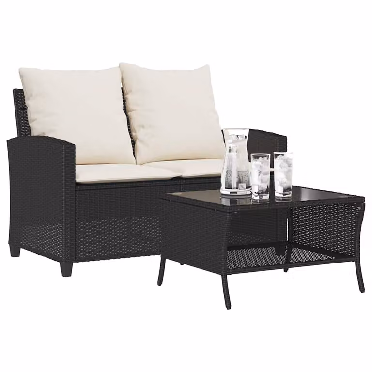 Set da giardino vidaXL composto da divano a 2 posti con cuscini e tavolino da caffè in polyrattan e metallo nero