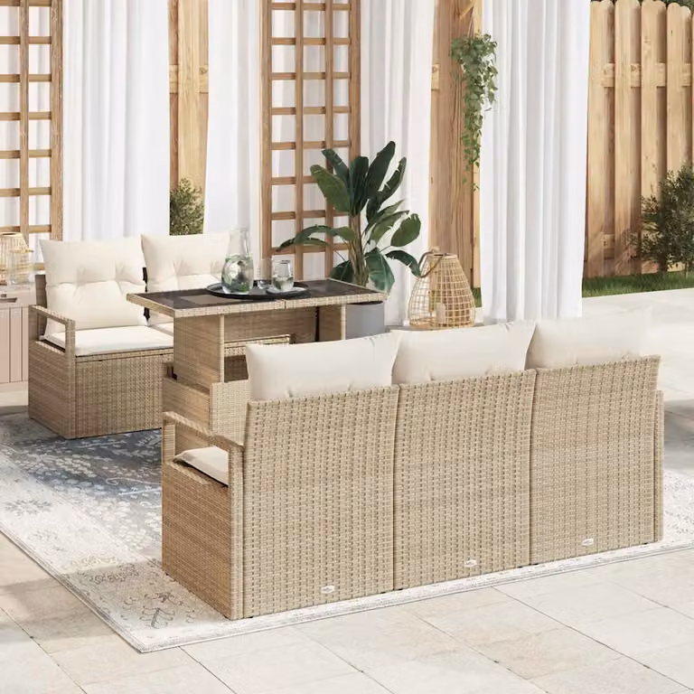 Set Divano da Giardino vidaXL a 6 posti in Polyrattan Beige con Cuscini e Tavolino da Caffè