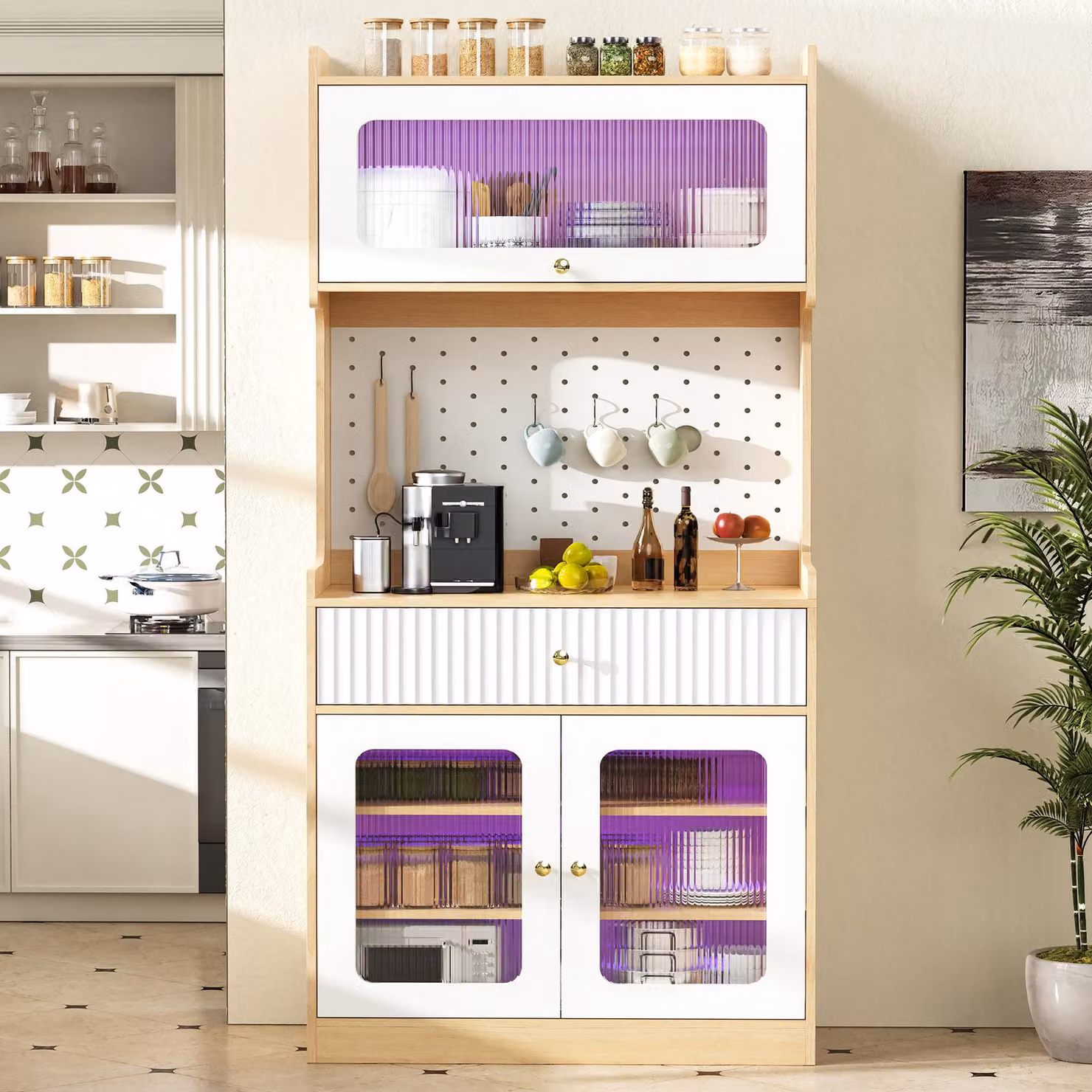 Merax: mobile da cucina con cassetti e 3 ante in vetro, mobile alto con illuminazione a LED, vetrina con ante in vetro. Ideale per sala da pranzo, soggiorno e cucina, finitura naturale