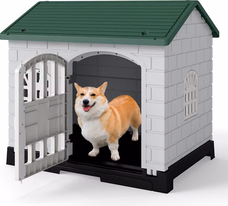 COSTWAY 75x57x68 cm cuccia per cani da esterno, casetta per cani resistente alle intemperie con porta, 3 finestre, pavimento rimovibile e tetto a capanna, casa per animali gabbia per cani da interno verde