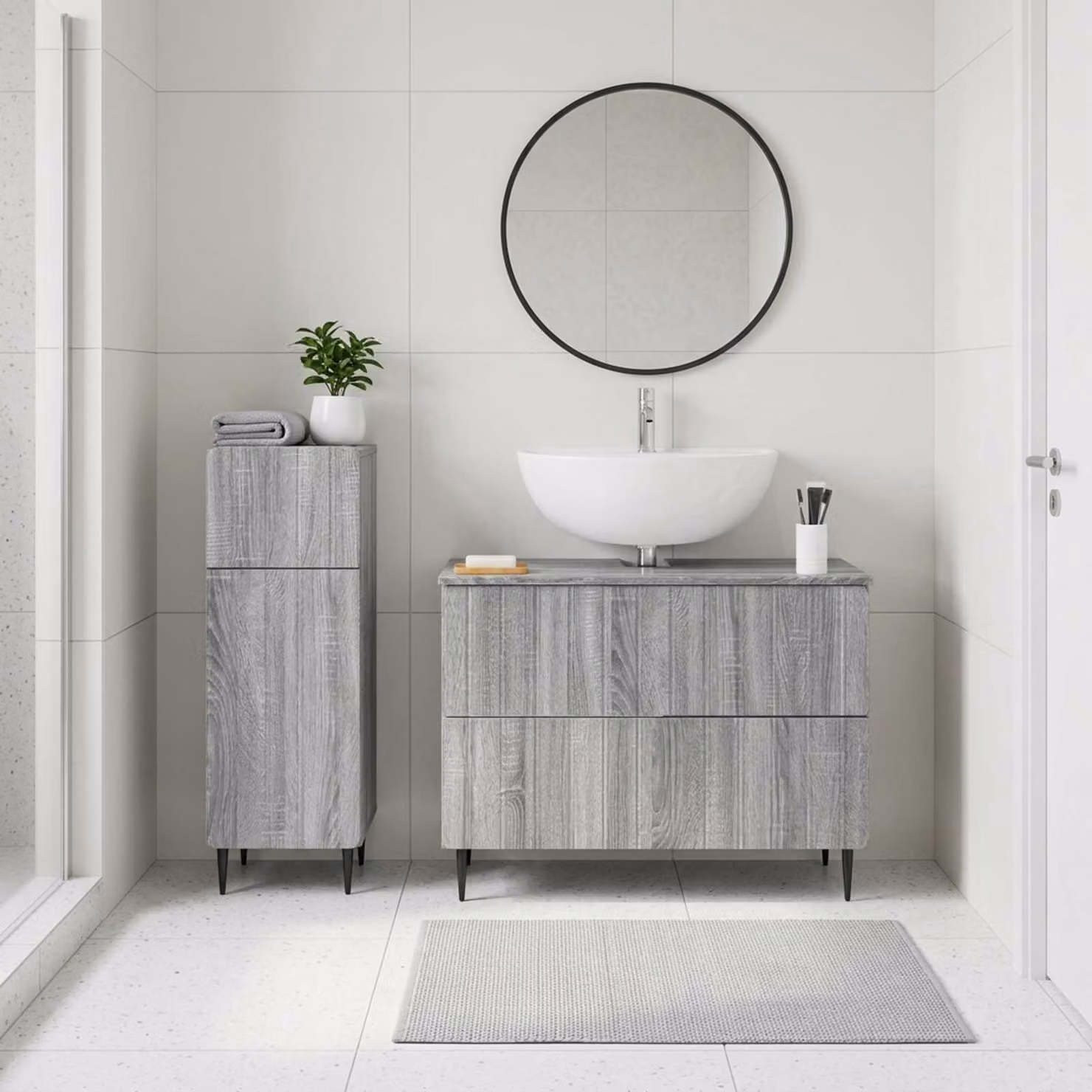 Set di mobili da bagno vidaXL ZWOLLE in legno grigio, composto da mobile lavabo e mobileto laterale moderno con ante a cerniera e ripiani interni