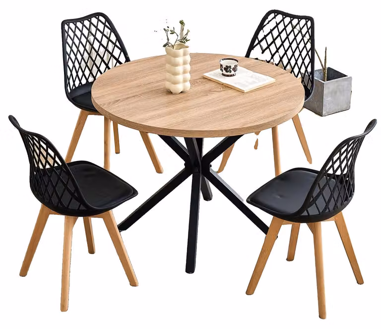 Set da pranzo, 4 sedie, tavolo rotondo, set nero