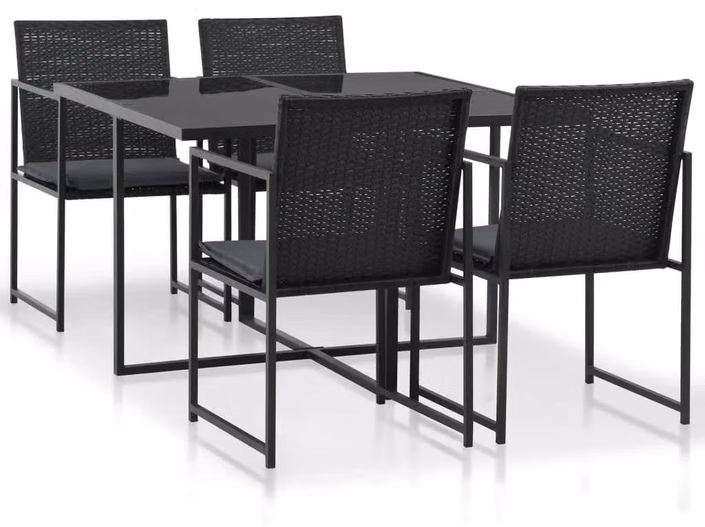 Set da giardino composto da 5 pezzi, in rattan sintetico nero: 4 sedie e 1 tavolo, ideale per balconi, giardini e terrazzi