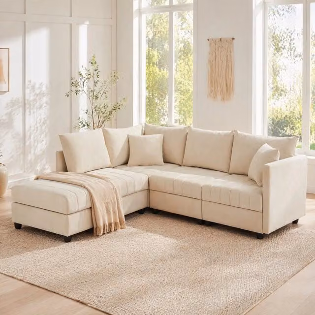 Divano modulare 5 posti con pouf mobile; configurazione a L o U; 220 x 194 x 85 cm; beige