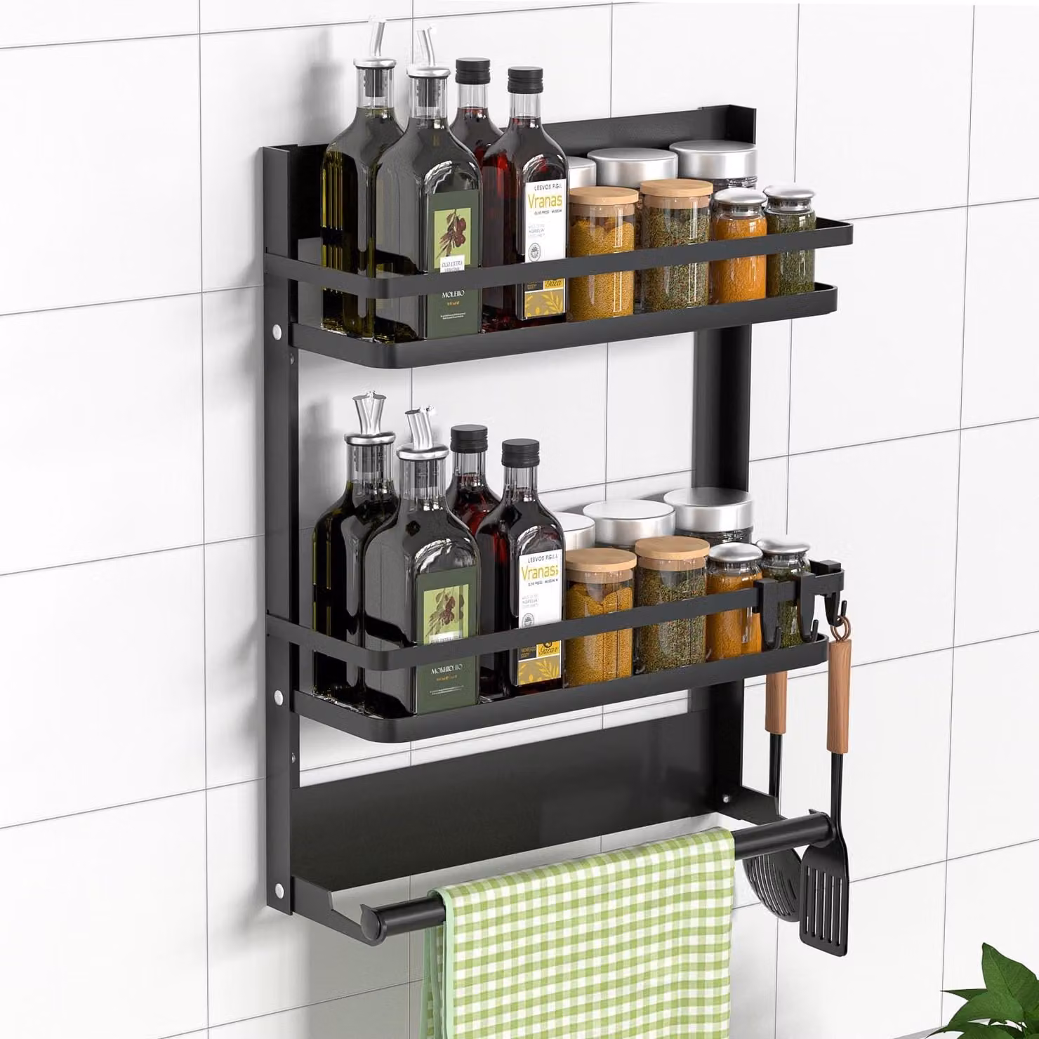 Portaspezie da parete - Singolo ripiano 30 x 11 x 21 cm - Acciaio inossidabile - Nero - Per cucina e bagno