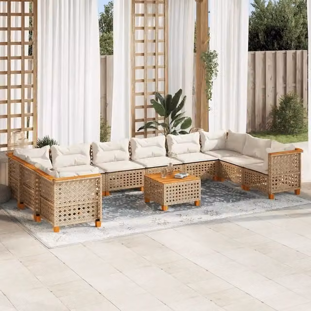 Set da giardino moderno vidaXL in polyrattan composto da 11 pezzi con cuscini beige e tavolino da esterno – 1