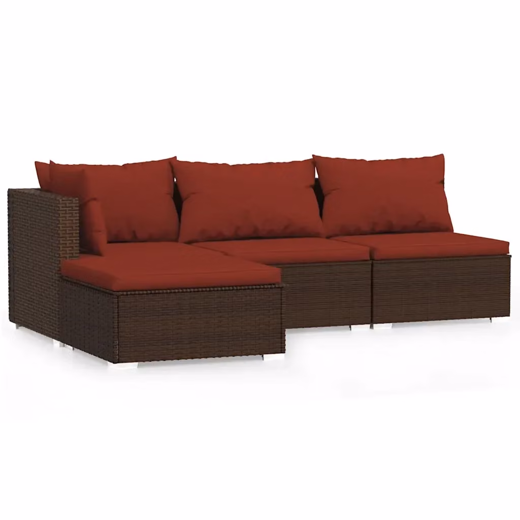 Set di Divani da Giardino a L vidaXL con Cuscini in Polyrattan Marrone e Rosso – 2