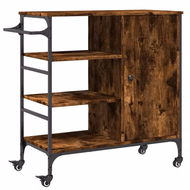 Carrello da cucina in legno multistrato Rovere Fumo con ruote stile industrial L: 87,5 cm, P: 38,5 cm, H: 84,5 cm