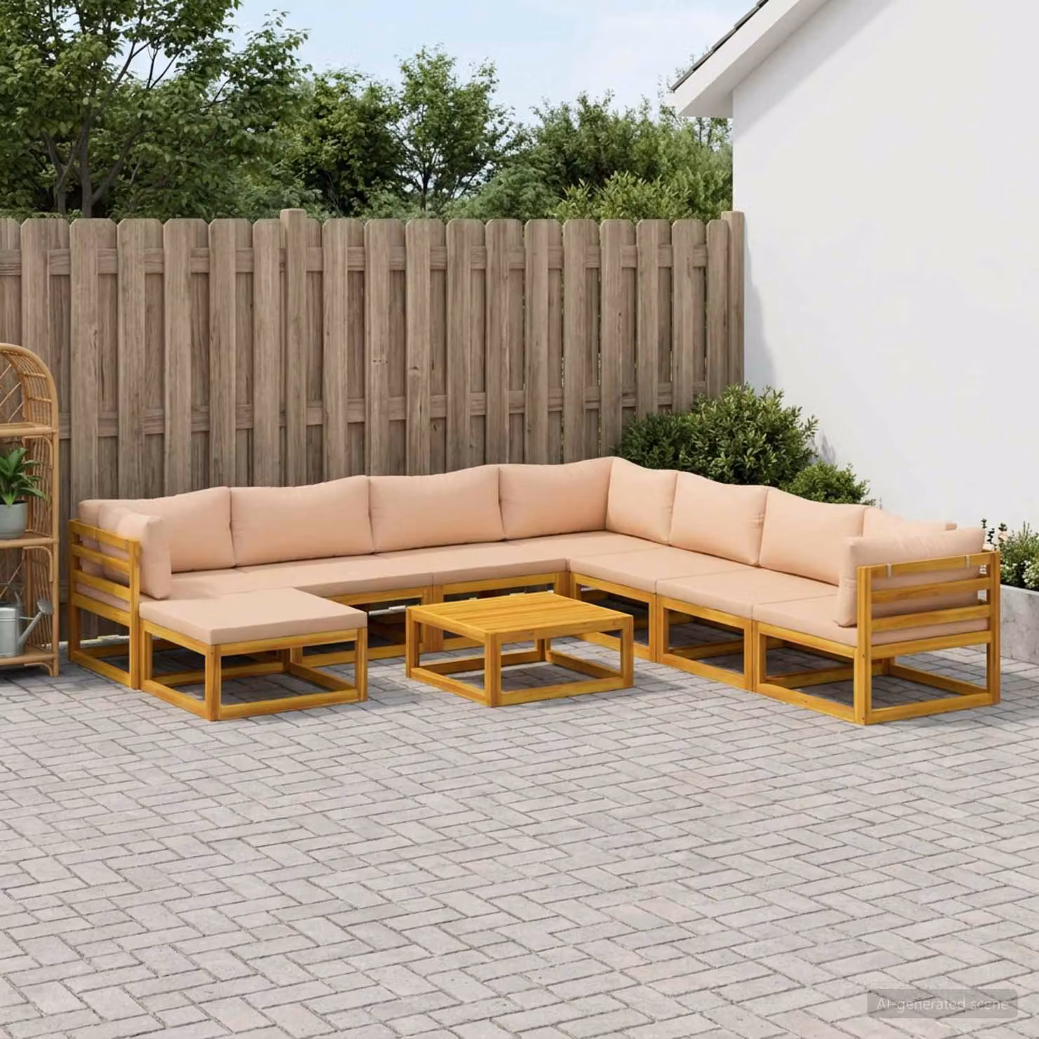 vidaXL Set di divani da giardino a forma di U composto da 9 pezzi in legno di acacia massello con cuscini beige e marroni