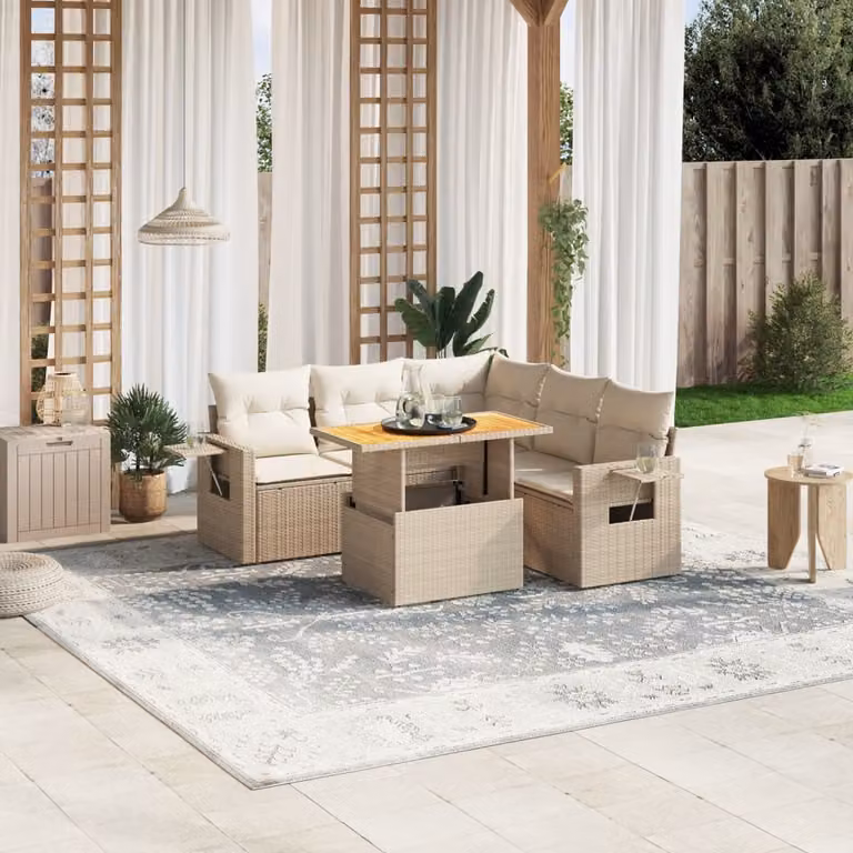 Set Divano da Giardino vidaXL 6 pz a Forma a L in Polyrattan con Cuscini Beige e Tavolino, Resistente ai Raggi UV