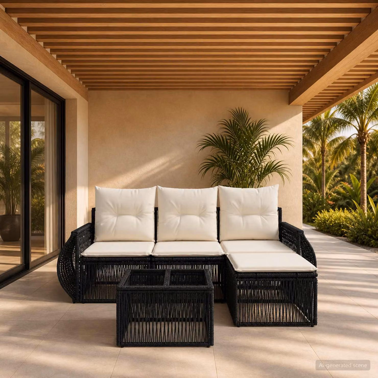 Set Divano da Giardino vidaXL 5 Pezzi in Polyrattan con Cuscini, Design Moderno a L, Nero e Bianco Crema