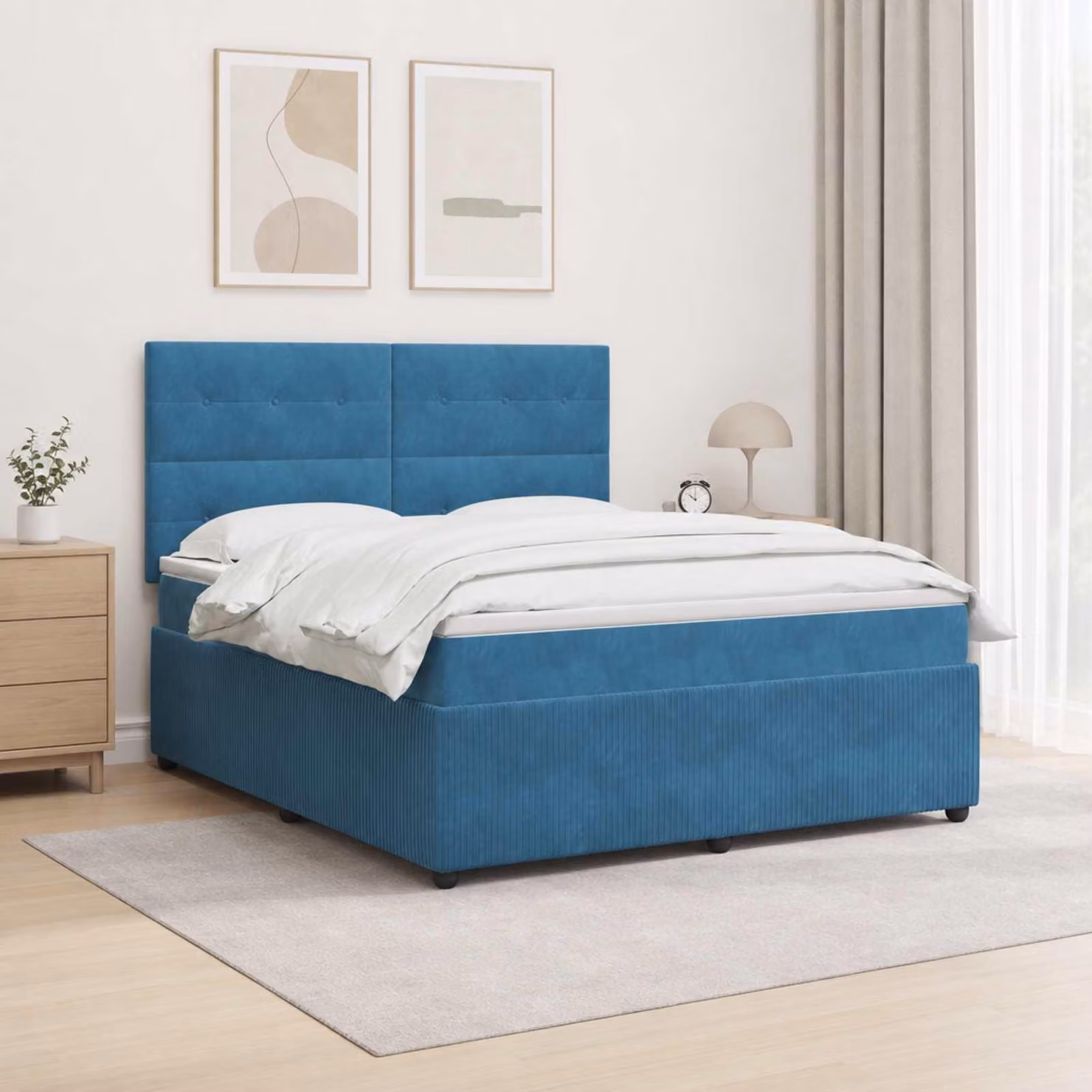 Letto con boxspring e materasso a LED, colore blu, 160 x 200 cm, rivestito in velluto