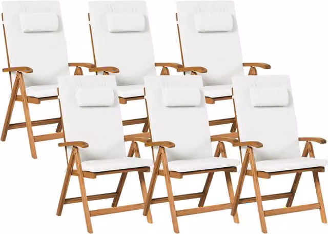 Set di 6 sedie da giardino pieghevoli BELIANI in legno di acacia oliato con cuscini bianchi e braccioli
