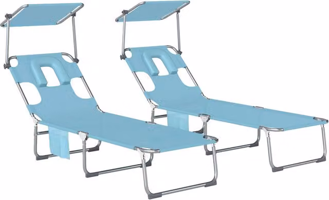 Set di 2 lettini prendisole pieghevoli reclinabili Xylo in textilene blu con baldacchino e poggiatesta regolabile