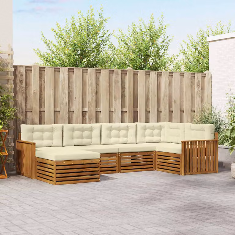 Set di divani da esterno vidaXL 6 pz in legno di acacia con cuscini, beige e bianco