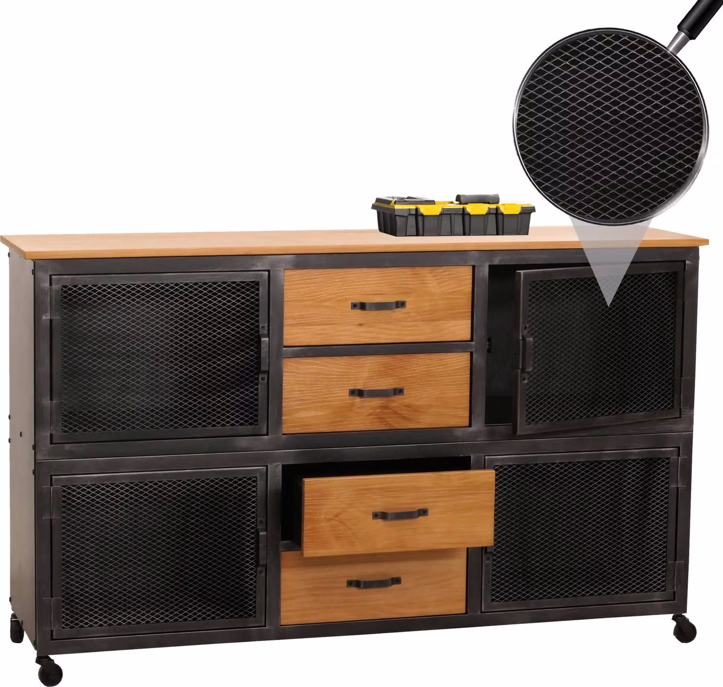 Carrello da officina HWC-N28, carrello, rotelle 4 cassetti, struttura 3D metallo legno 90x150x40cm ~ nero, naturale